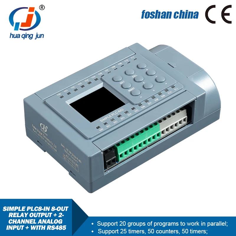 Huaqingjun 8IO Relay Output 2-Channel Analog Inputs 0-10V 0-20mA RS485 Communication PLC for HMI