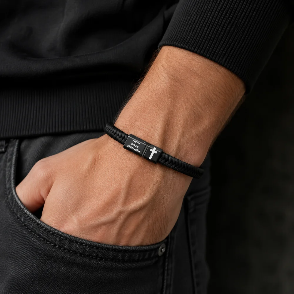 Christian Faith Bracelet Men 3 Colors Handmade Wristband Cross FAITH GIVES STRENGTH Engraved Religious Inspirational Bangle