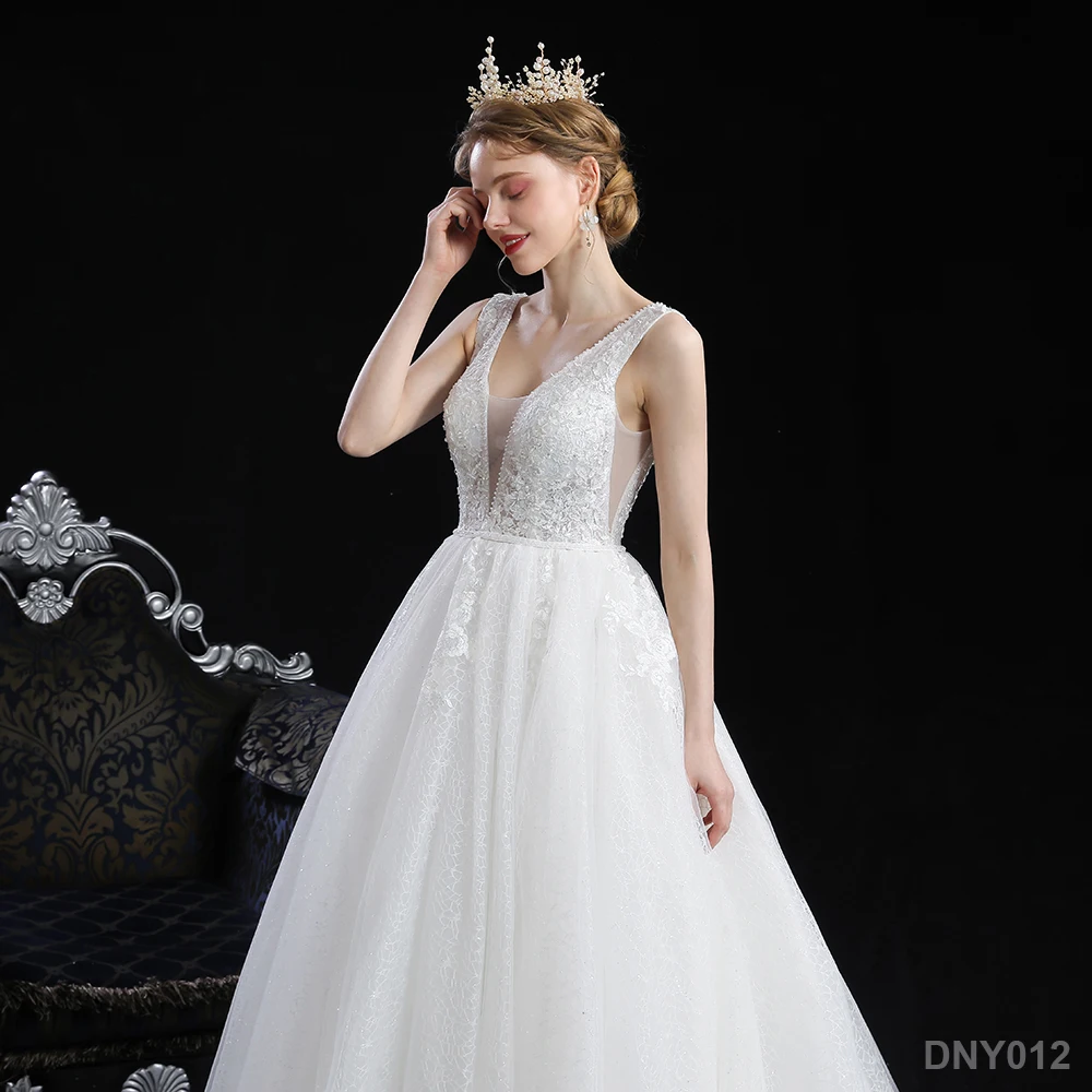 Summer Style Sleeveless Embroidery White Bridal Gown Long Glitter Wedding Dress With Train