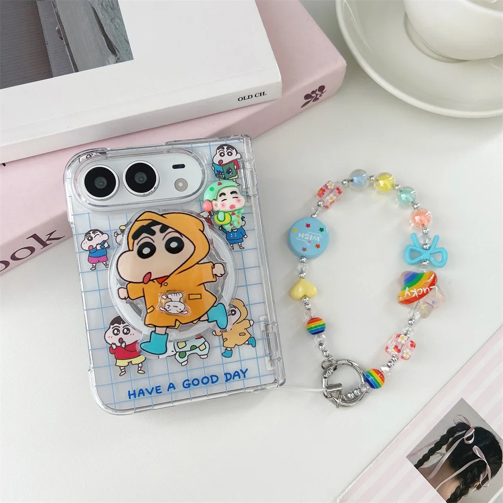 Korean Fashion Cute Ins Pencil Folding Phone Case For iPhone Duo With Chain Magnetic Stand Shockproof Cases Cover For Magsafe