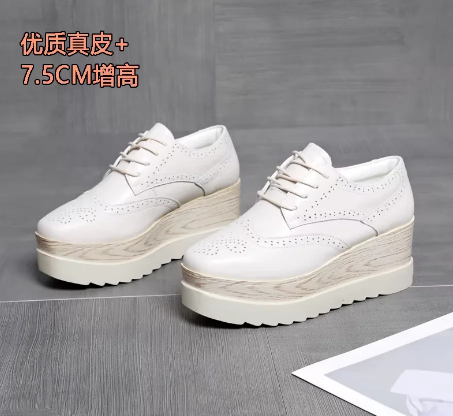 

White 8cm Genuine Leather Women Vulcanized Platform Shoes Wedge Heels Casual Shoes Black Lace Up Comfortable Lady Platform Shoes
