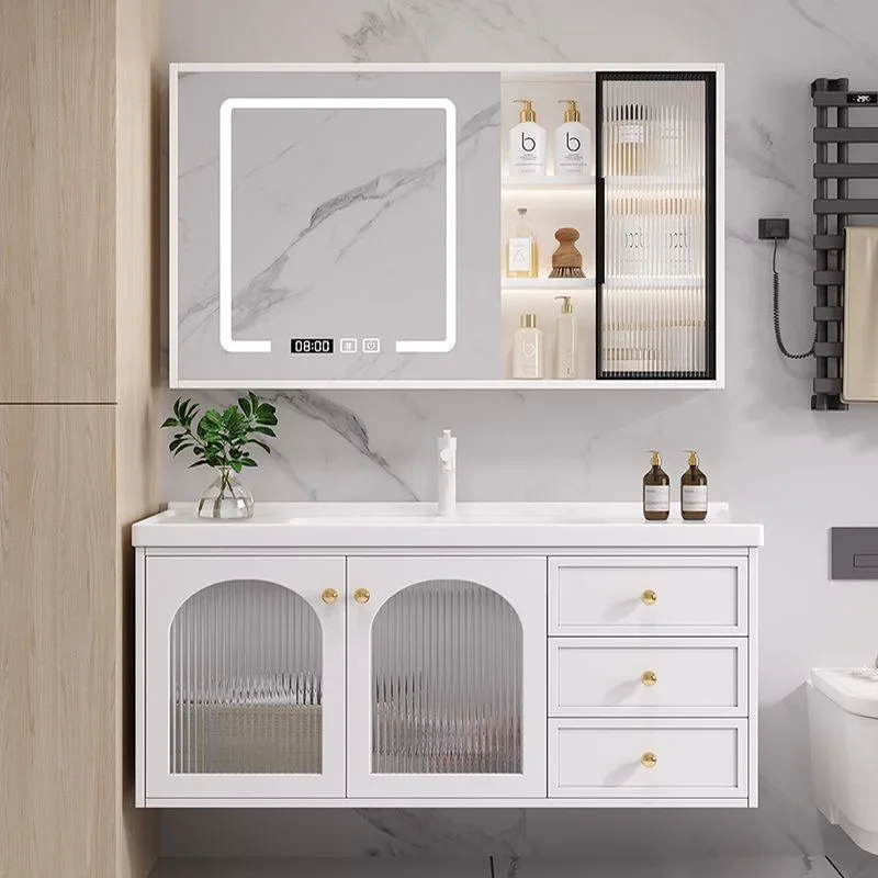 Premium  Bathroom cabinet idyllic light luxury solid wood ceramic integrated basin