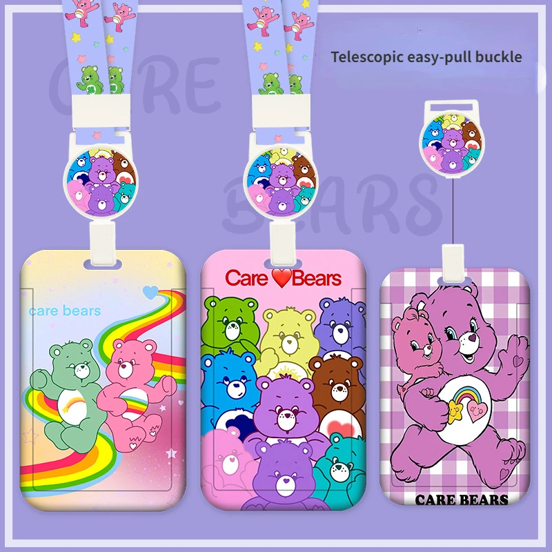 MINISO Care Bears Campus Cute Card Holder Transparent Long Lanyard Cartoon Key Chain Bus Access Control Subway Card Animation