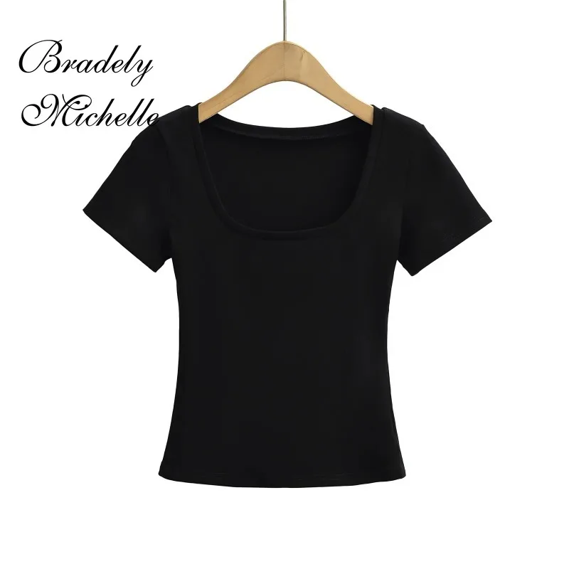 Summer New Deep U-neck Solid Women Short Sleeve Tops Sexy Pullover Bottoming Blouses T-shirt