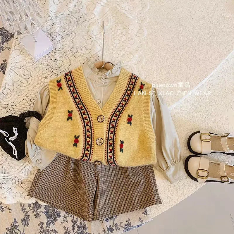 UNITIM 2026 Autumn Children Girls Knitted Vest V-collar Embroidery Waistcoat for Kids Girls 2-8Yrs Baby Girls Sleeveless Sweater