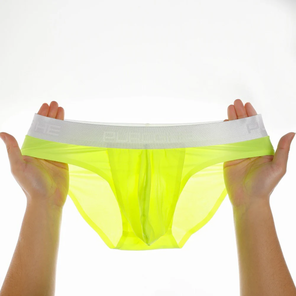 Sexy Men Seamless Ice Silk Briefs Ultrathin Comfortable Separate Bag U Convex Pouch Underwear Sissy Panties