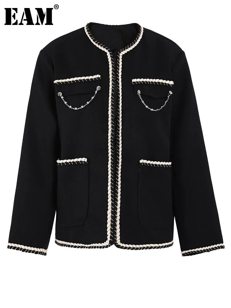 

[EAM] Loose Fit Beige Color-block Big Size Elegant Jacket New O-neck Long Sleeve Women Coat Fashion Spring Autumn 2024 CPG0690