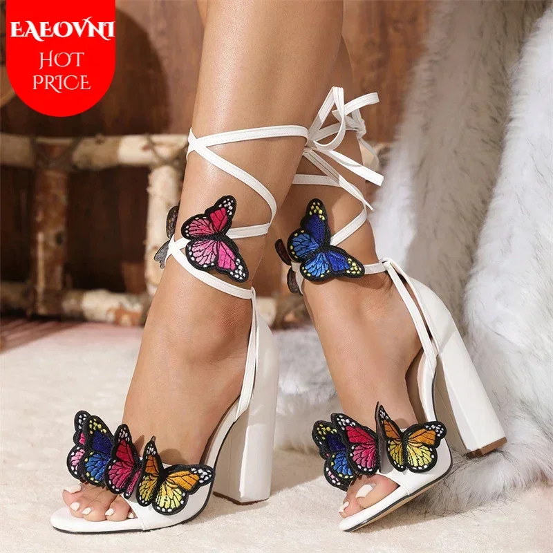 2024 New Arrivals Open Toe White Sandals For Women Handwork Embroidery Butterfly Lace Up High Heels Party Dress Shoe Pumps