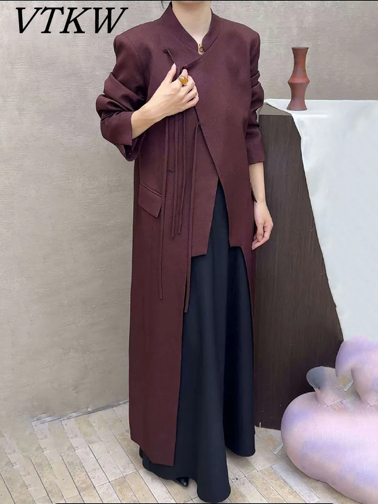 

VTKW Solid-color V-neck Belted Design 2025 Spring/autumn New Style Women's Blazer - Irregularly Shaped, High-quality Long Coat