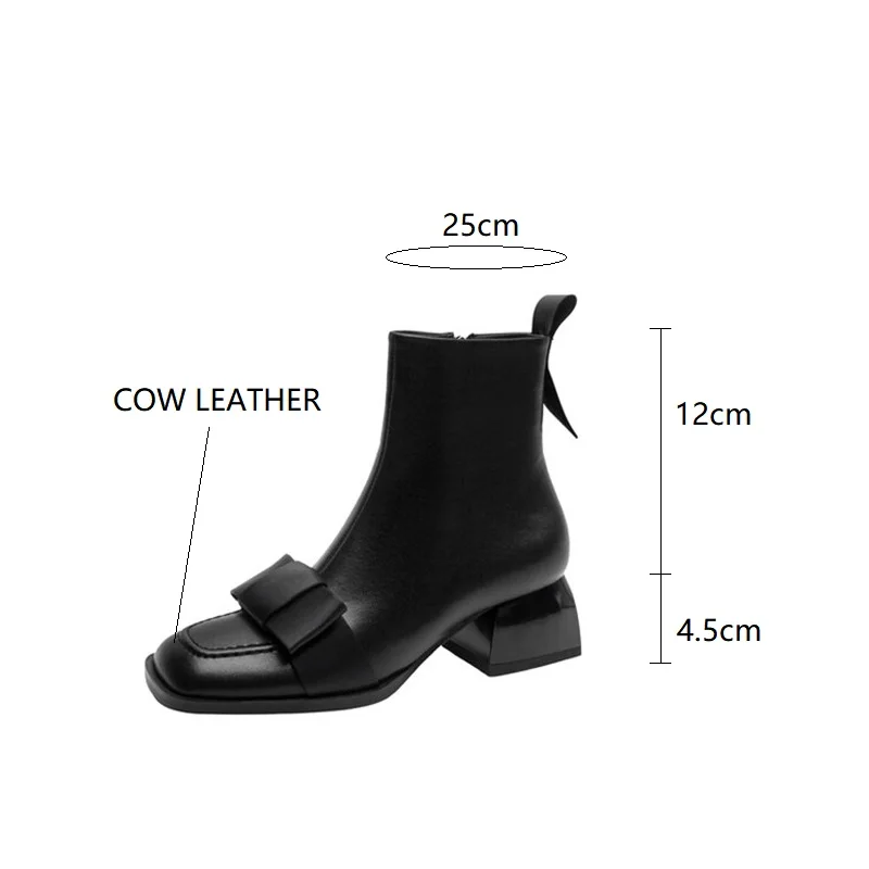 New Winter Cow Leather Women Boots Square Toe Chunky Heels Boots for Women Fashion Bow Short Boots Ladies Shoes Zapatos De Mujer