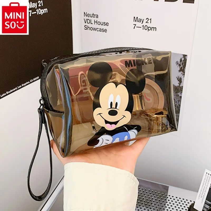 MINISO   Disney Cute Mickey Transparent Tea Makeup Bag Women\'s Fashion Portable Silicone Large Capacity Storage Handbag