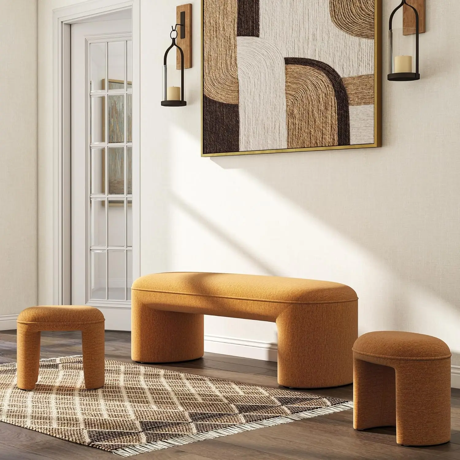 3-Piece Upholstered Bench & 2 Stools, 53' Burnt Orange Chenille Waterfall Bed Bench, Modern Entryway or Bedroom Furniture, No