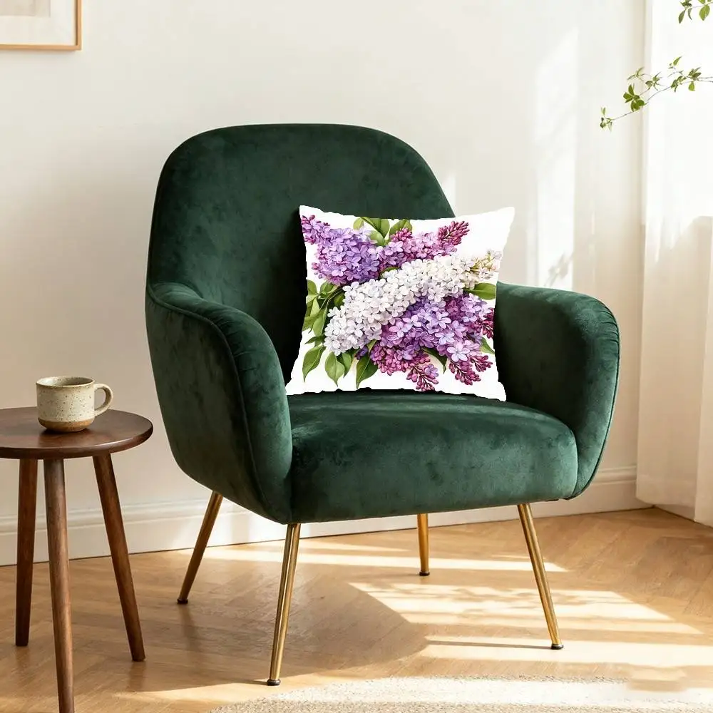 Purple Lilac Bouquet Pillow Case Throw Pillow Cover Nordic Vintage Style Cushion Covers Home Living Room Sofa Couch Seat Decor