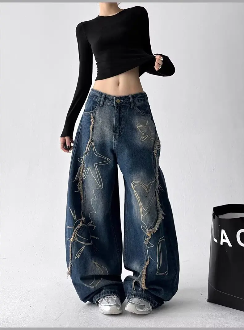 

Women's 2026 Autumn American Vintage Embroidered Distressed Jeans Raw Edge Cargo Baggy Waist Slim Fit Wide Leg Curved Pants High