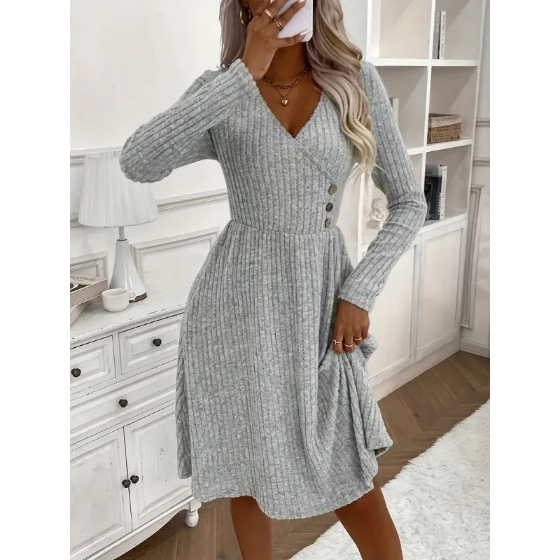 

Women Fashion Solid Color Buttons High Waist Dress 2024 Slim Elegant Spring Autumn Dress Women's Casual Long Sleeve V-neck Dress