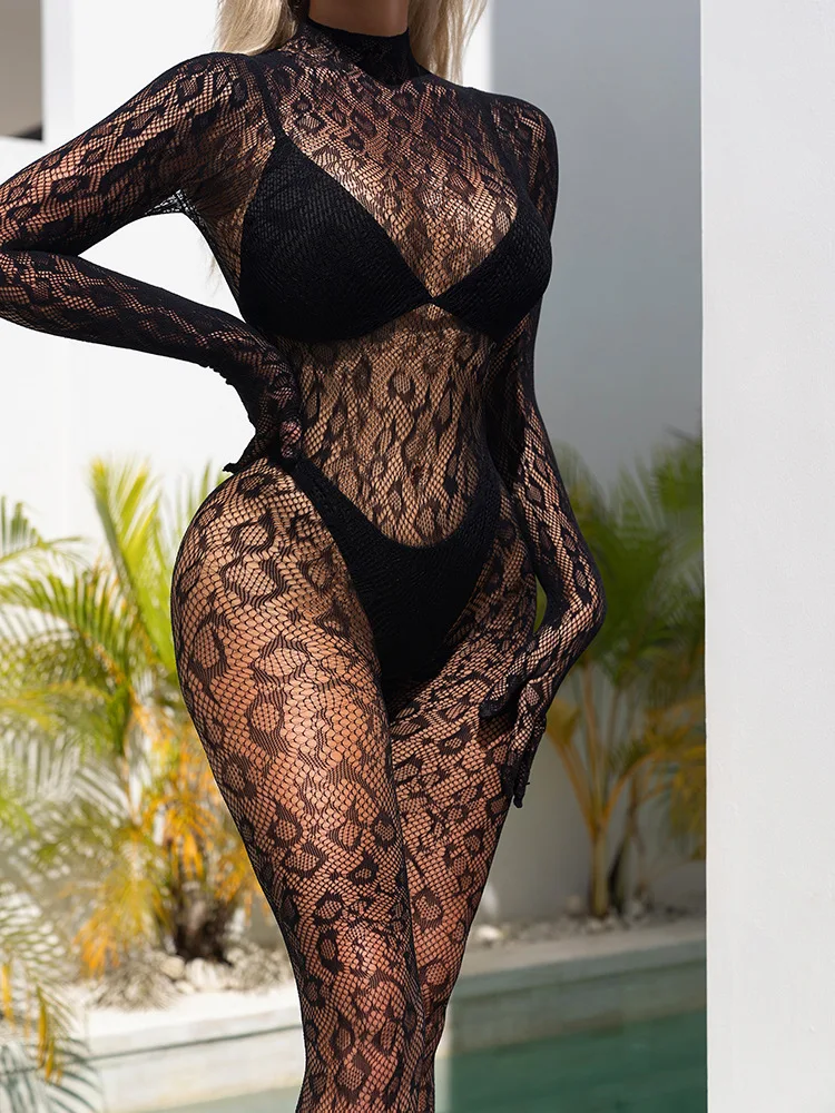 Hollow Out Sexy Lace See Through body tute a rete a maniche lunghe tute elastiche per Night Club per le donne tute Sexy