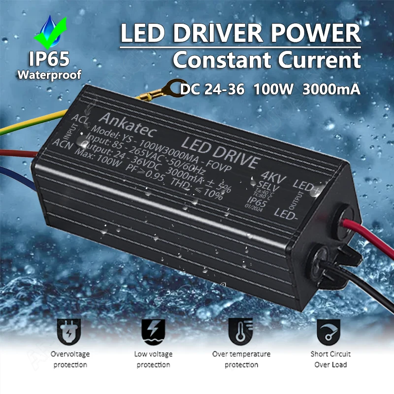 3000mA 100W LED Lamp Lighting Transformer 85-265V AC to DC24-36V Waterproof IP65 Aluminum Isolated Constant Current Driver Power
