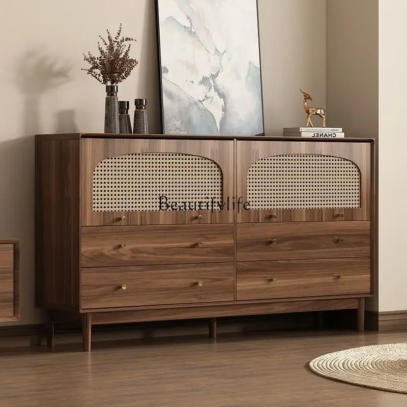 3Living Room Storage Small Cabinet Retro Rattan Woven Solid Wood Wall-Mounted Storage Cabinet