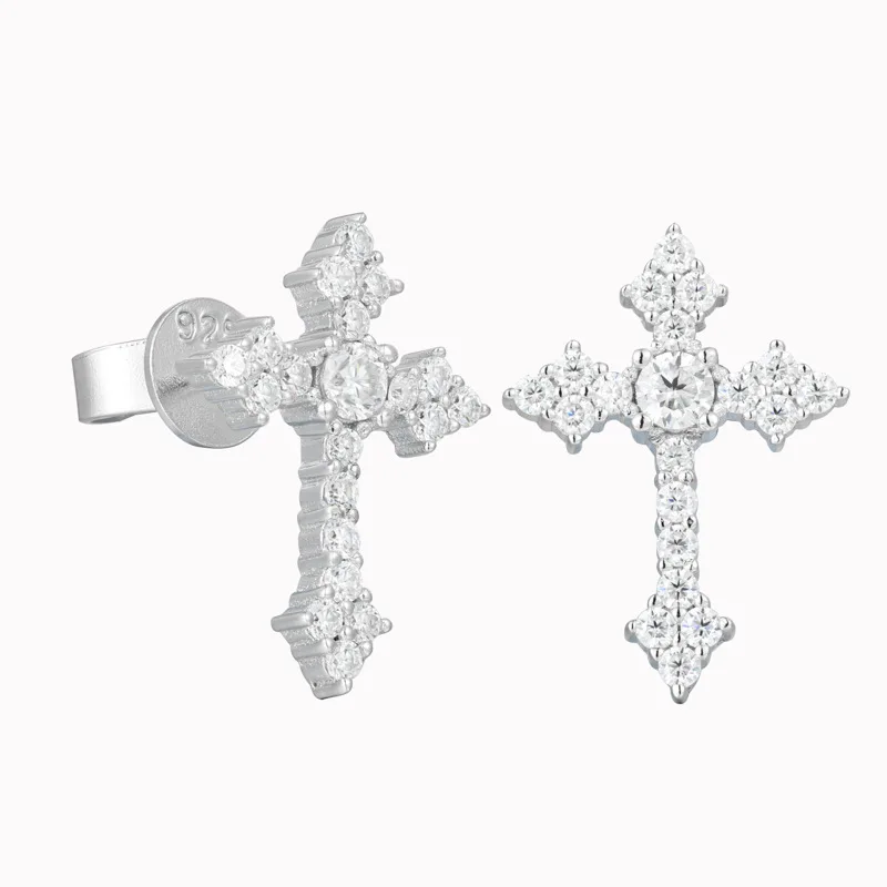 1Pair S925 Sterling Silver Hip Hop Moissanite Paved Bling Ice Out Cross Stud Earrings for Men Women Unisex Rapper Jewelry