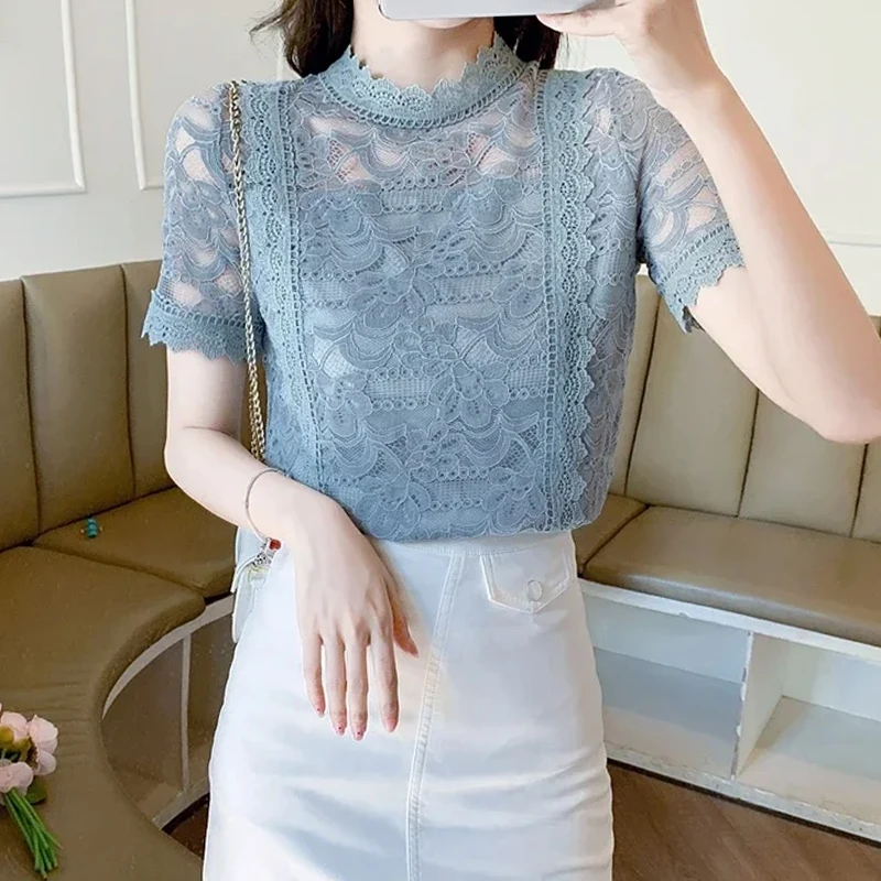 New Fashion Summer Short Sleeve Stand Collar Women Blouse White Lace Blouse Shirt Women Tops Blusas Mujer De Moda 2024 Blusa F51