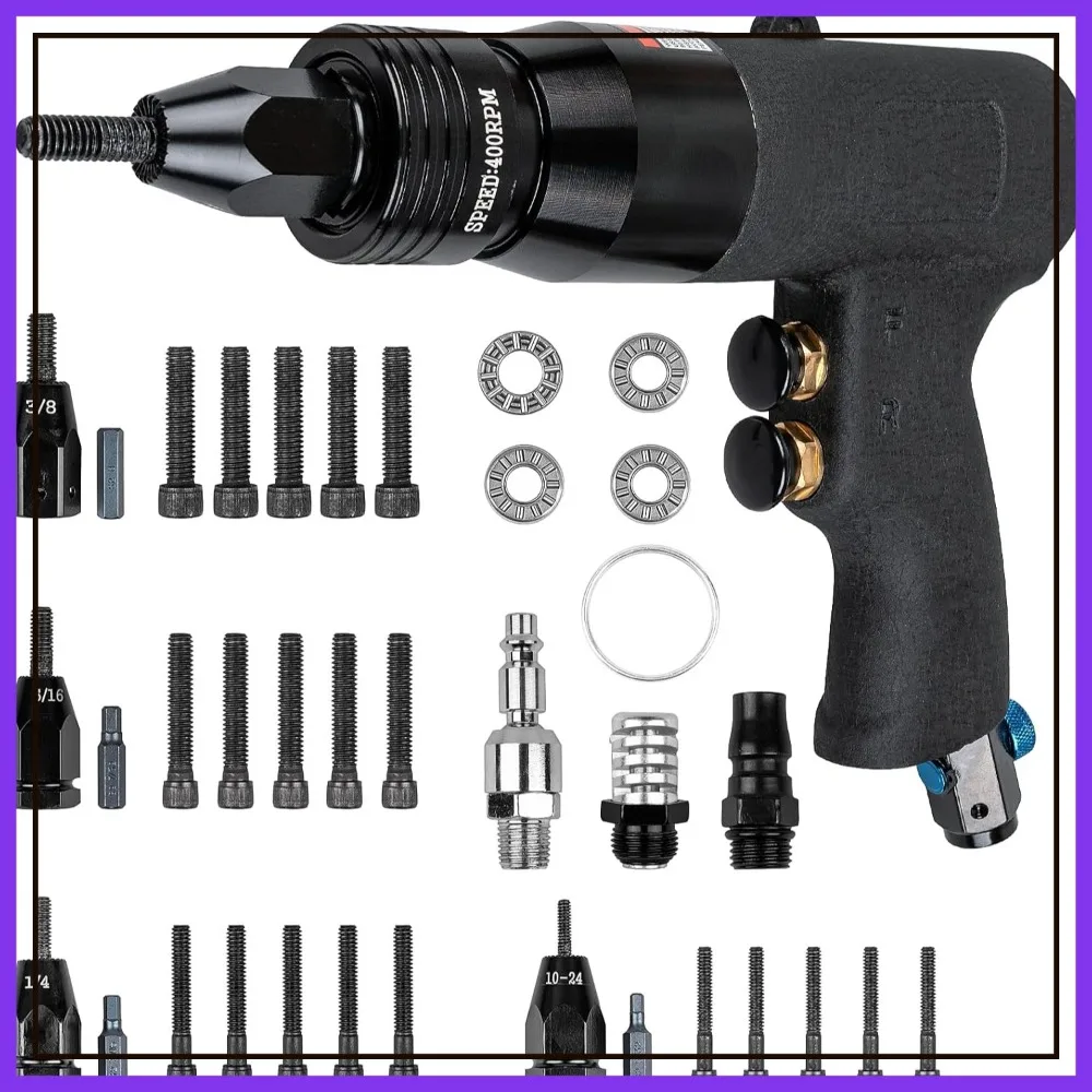 

Pneumatic Rivet Nut Gun with 10-24, 1/4, 5/16, 3/8 Self-Locking Heads, Adjustable Speed Air Rivet Tool Kit, 4 Quick-Change Sizes, 6 Mandrels Each