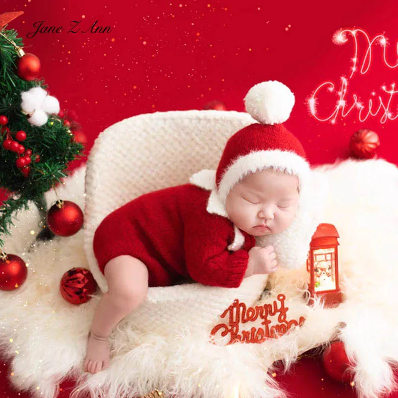 

Рождественский новогодний детский наряд для фотосессии, красная вязаная шапка с заячьими ушками или помпонами, комбинезон с длинными рукавами для новорожденных, праздничный фотокостюм для детей 3-6 месяцев