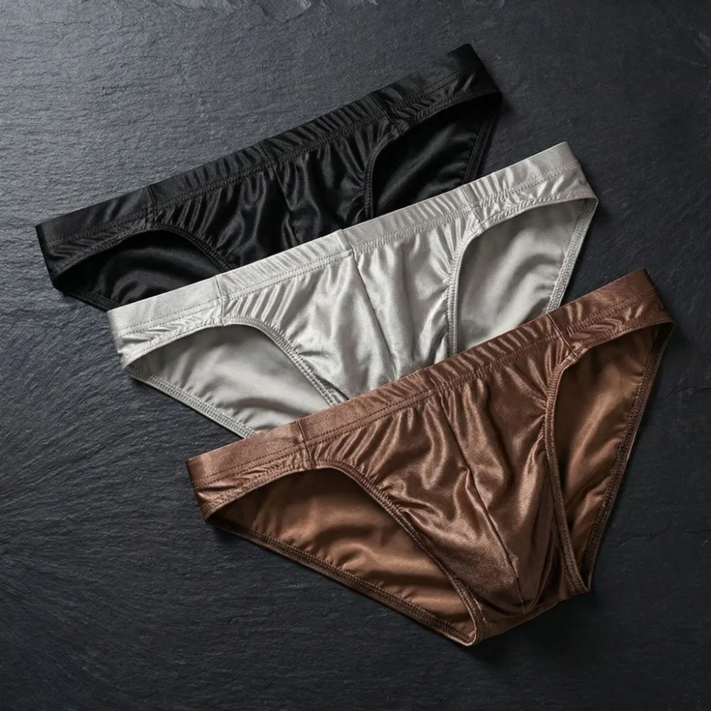 

Solid Color Low Waist Men Thin Panties Simple Male Lingerie Satin Silk Briefs Underpants Ice Cool Briefs Summer