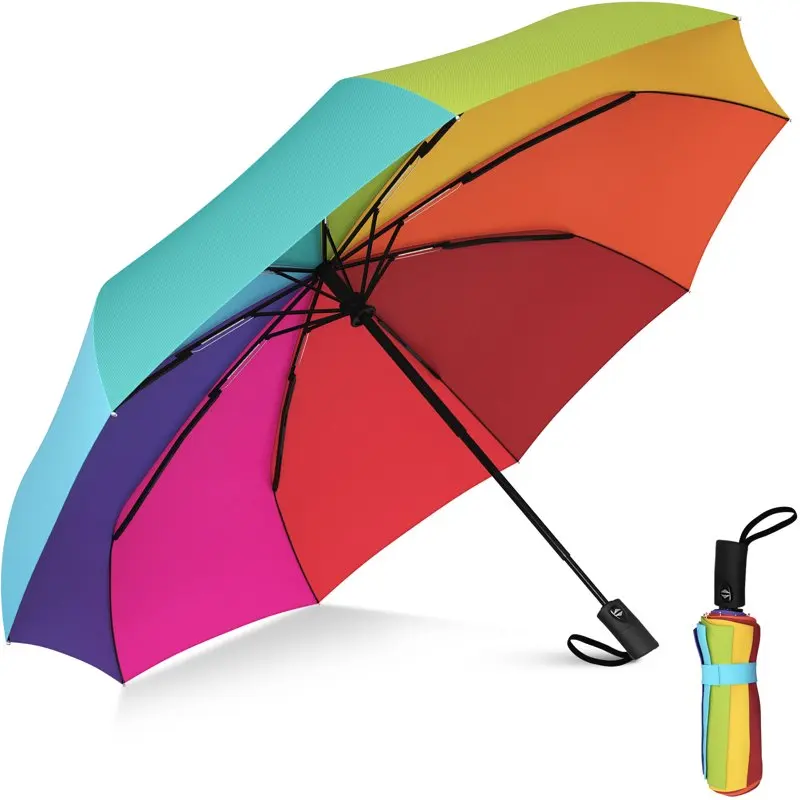 

Compact Travel Umbrella, Windproof Umbrella, Auto Open and Close Button, 9 Rib Reinforced Canopy (Rainbow) Luxury umbrella