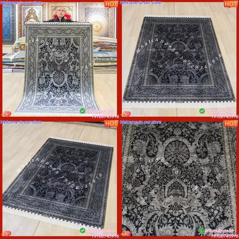 CECertificate YILONG 122x183cm Hereke Silk Carpet Black Handmade Exquisite Hand Knotted Turkish Rug