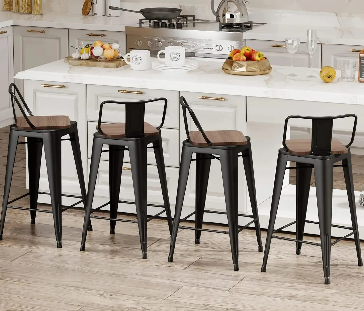 Conjunto de 4 bancos de bar giratórios de 24 polegadas com bancos de bar industriais de altura de balcão para ilha de cozinha