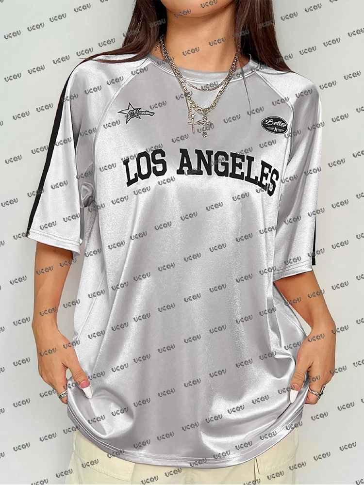 

Los Angeles Print T-Shirt For Women Summer New Patchwork Short Sleeve Mesh Sports Football Jersey Y2K Loose Oversized Tops