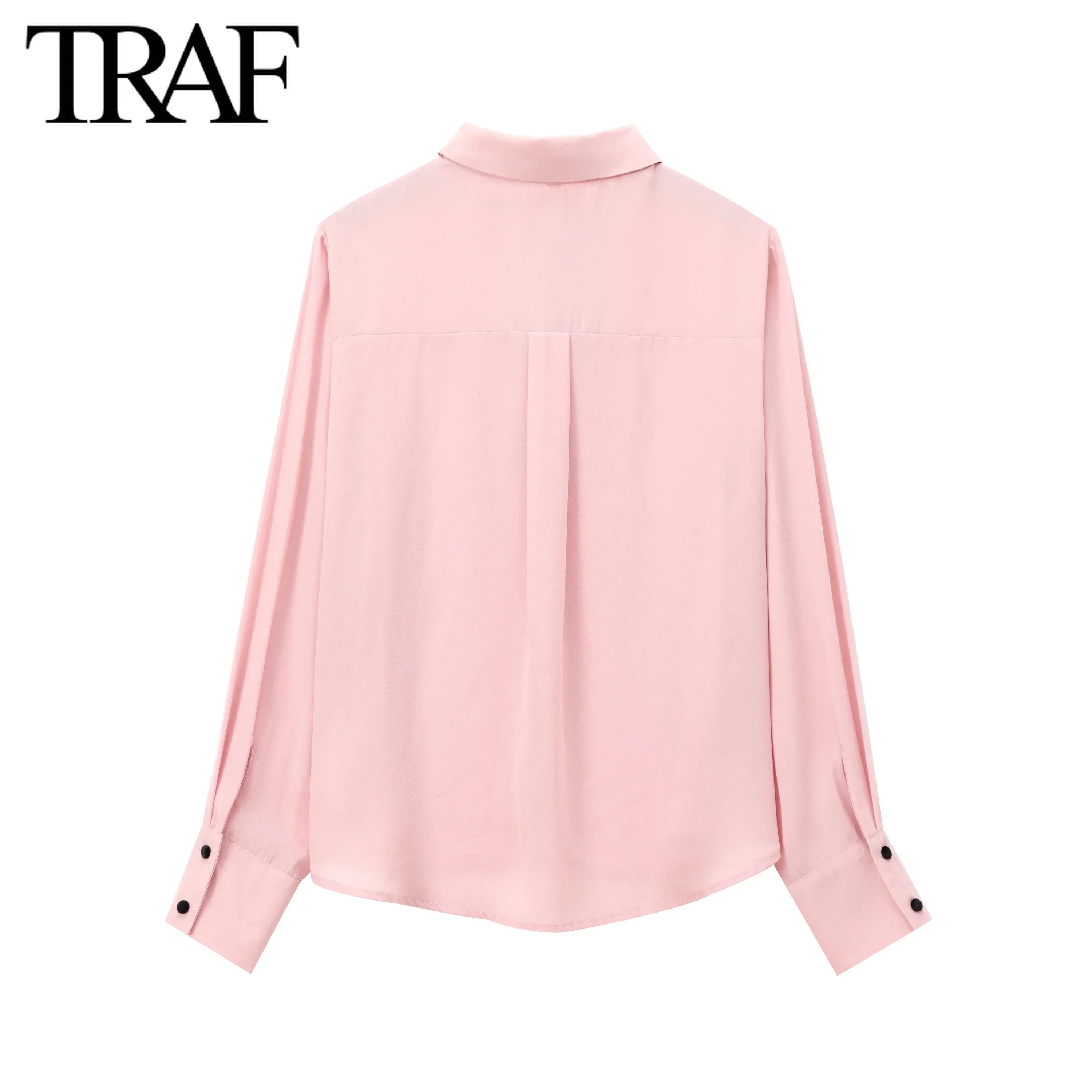 TRAF pink shirts Women Fashion Autumn New Velvet Bow Long Sleeve Single Breasted Lapel Blouse Sweet French Chic Ladies Top