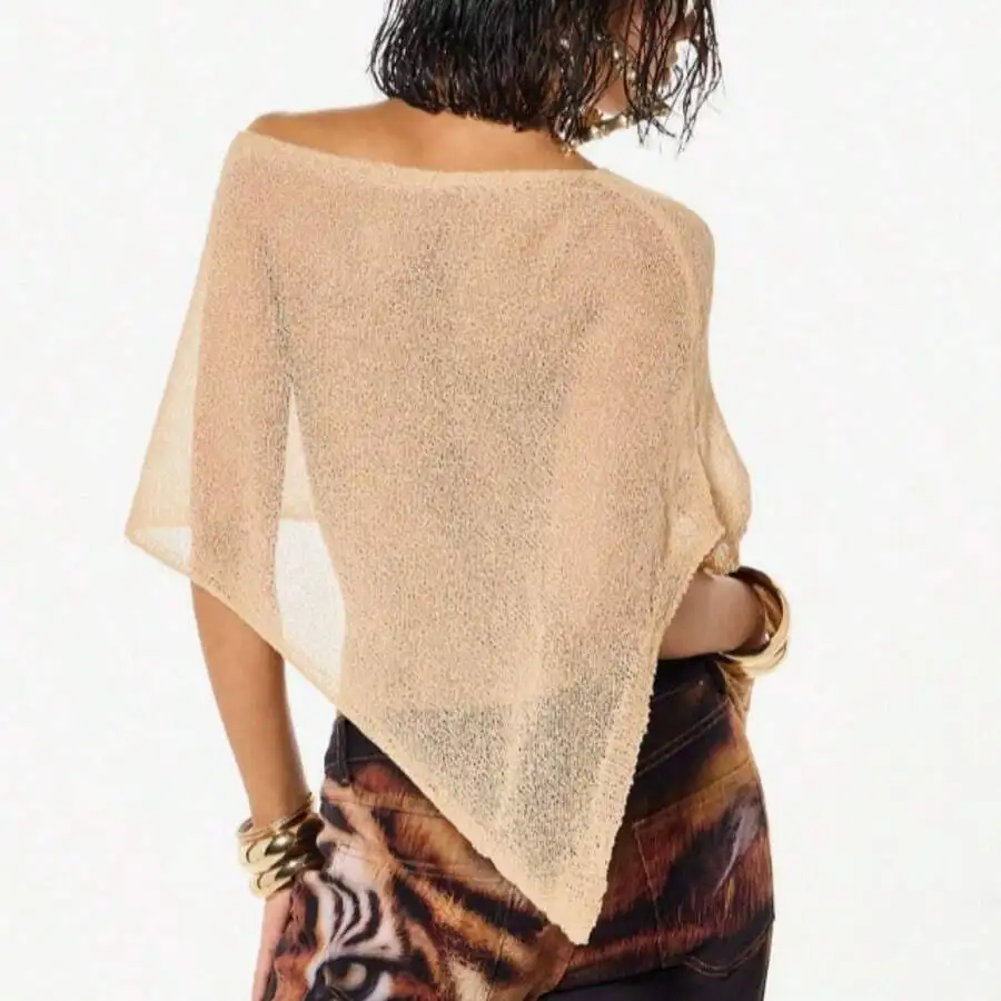 

Sequin Crochet Knit Asymmetric Shawl Off Shoulder Batwing Sleeve Lightweight Summer Beach Cover Up Boho