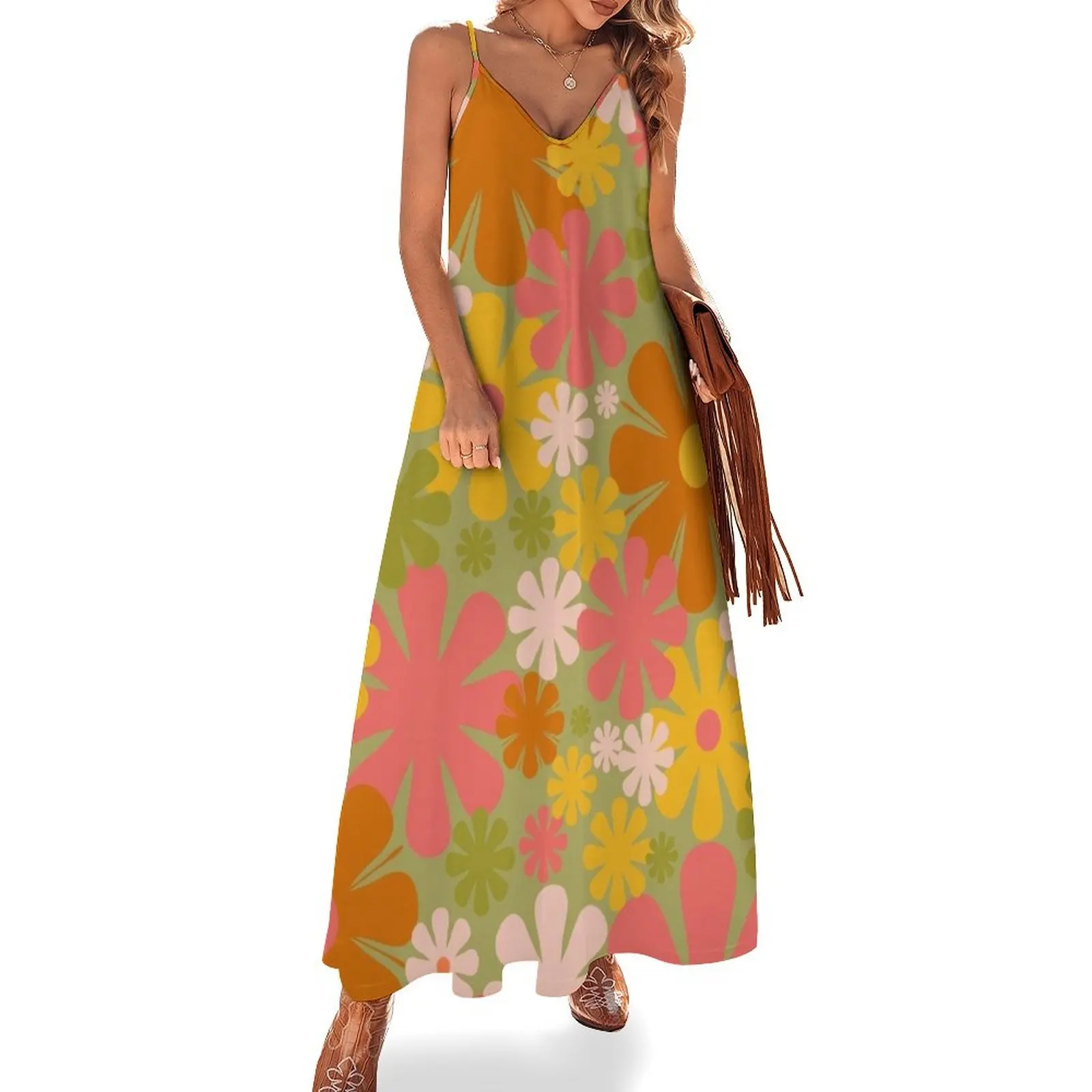 

Retro 60s 70s Aesthetic Floral Pattern in Green Pink Yellow Orange Sleeveless Dress evening dress women