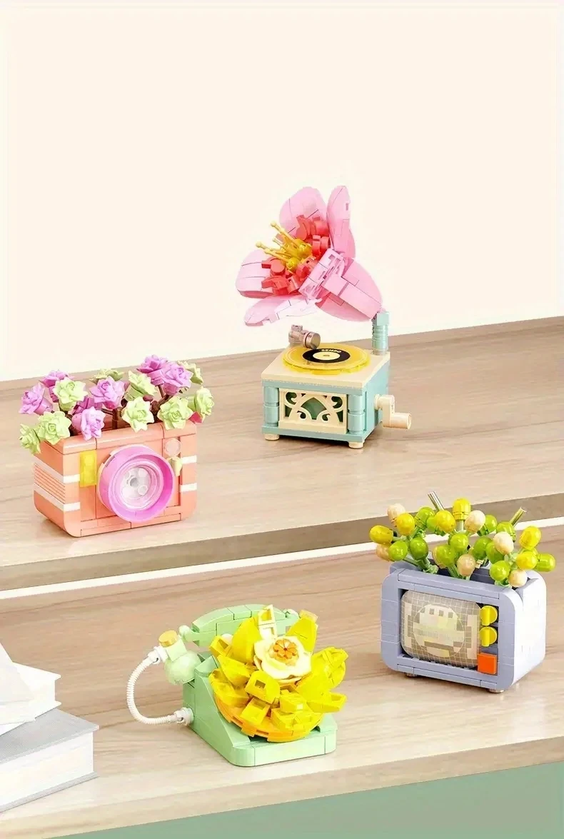 Flower Furniture Succulent Plant Home Office Decoration Building Blocks Appliance Bonsai Bricks Model DIY MOC Toys for Children