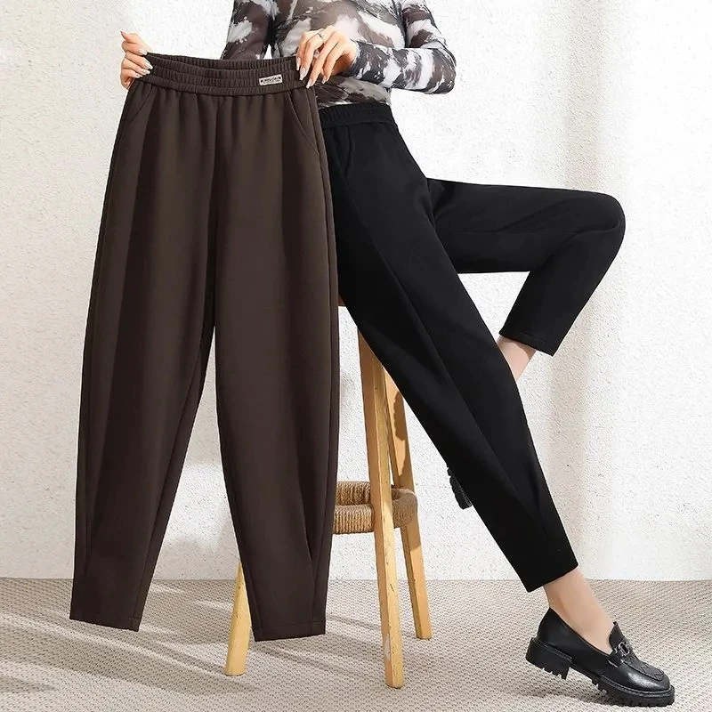 Winter Plush Thick Pants Spring Autumn Solid Color Labeling Letter Printing Pockets Loose Womens Casual Trousers Oversized 6XL