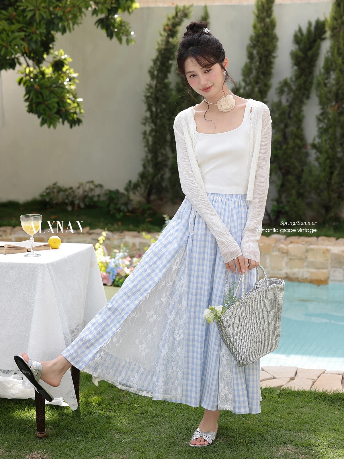 ALXNAN Women's Skirt Blue Plaid Lace Long A-line Skirt 2025 Summer Casual Elastic Waist Loose-fit Midi Ladies Clothing L55767