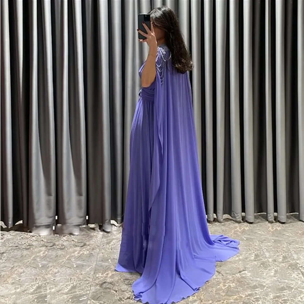 Musetta Lavender Evening Dress Cape A Line High Slit V Neck Formal Gown Ruched Train Chiffon Special Occasion Dresses Customized