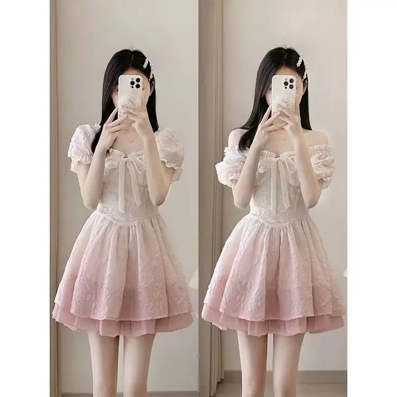 French Bubble Sleeves Square Neck Dress Summer New Sweet and Exquisite Waist Wrapped A-line Fluffy Short Skirt