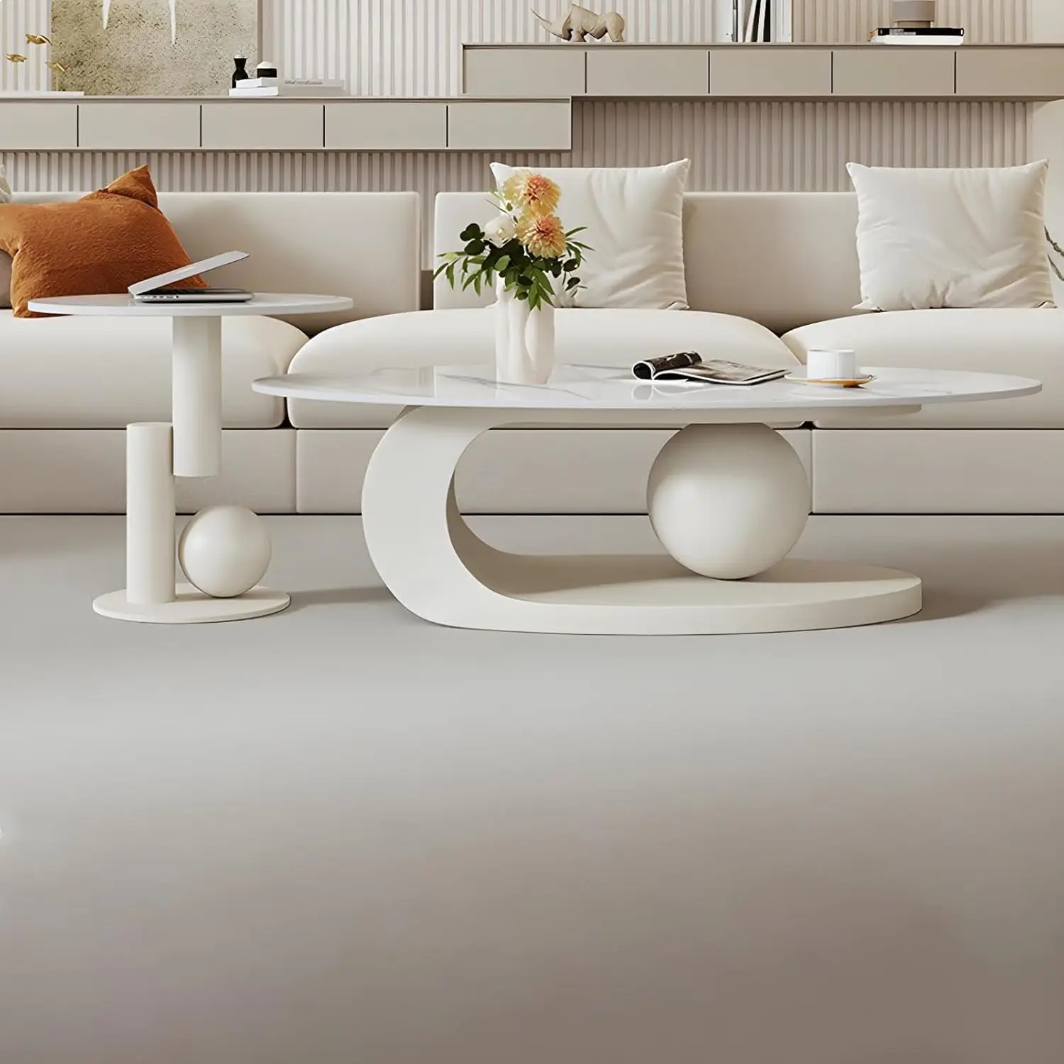 Modern Stone Coffee Table, Abstract Metal Base Living Room Table, 40 in (White, 47