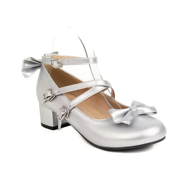 

Thick High Heels Women Seven Color Lolita Round Toe Cute Bow Girls Princess Party Wedding Shoes Small and Big Size 48 49 50 265