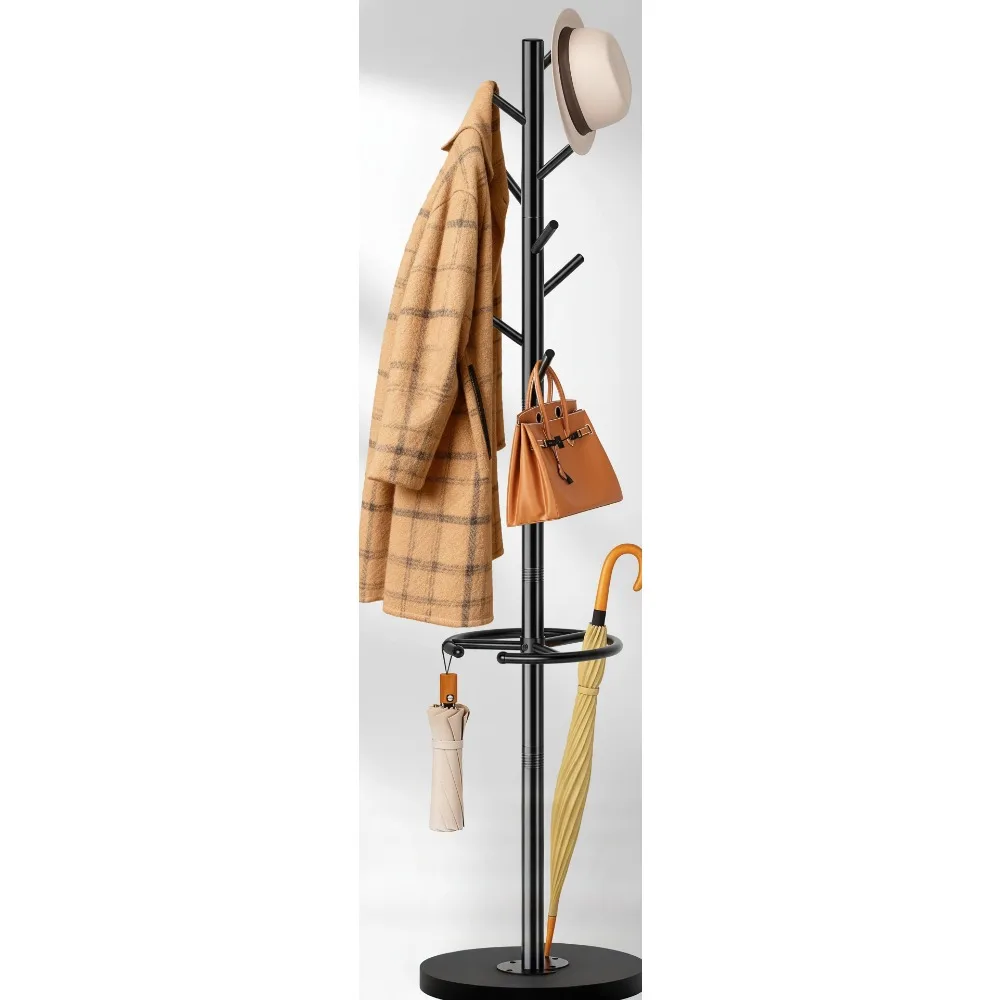 

Отдельно стоящая вешалка для одежды с держателем для зонта, 8 крючков, регулируемая высота для прихожей, гостиной, спальни, офиса