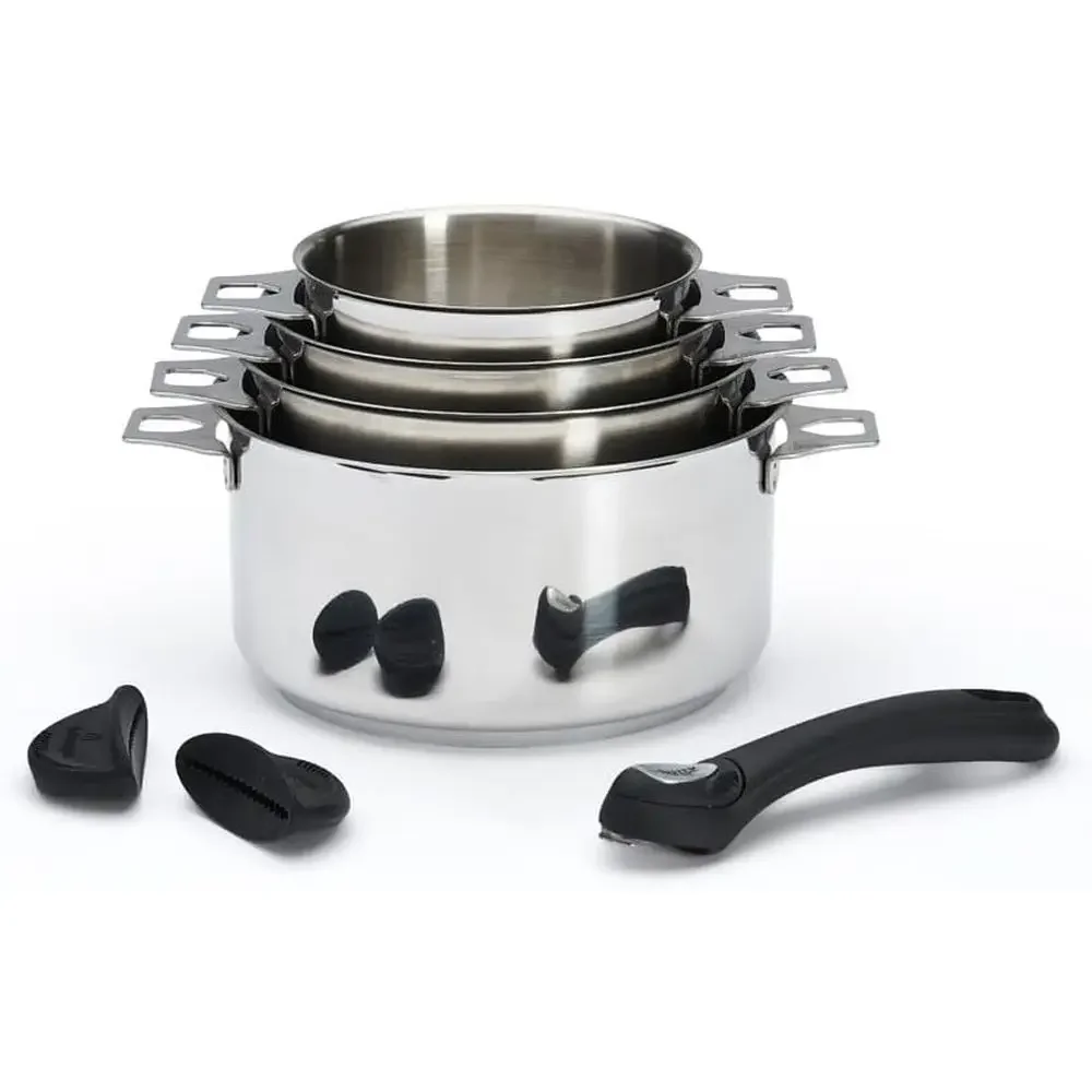 Set of 4 Pans, Diameters 14/16/18/20 cm, 1 Black Handle, 2 Black Silicone Knobs