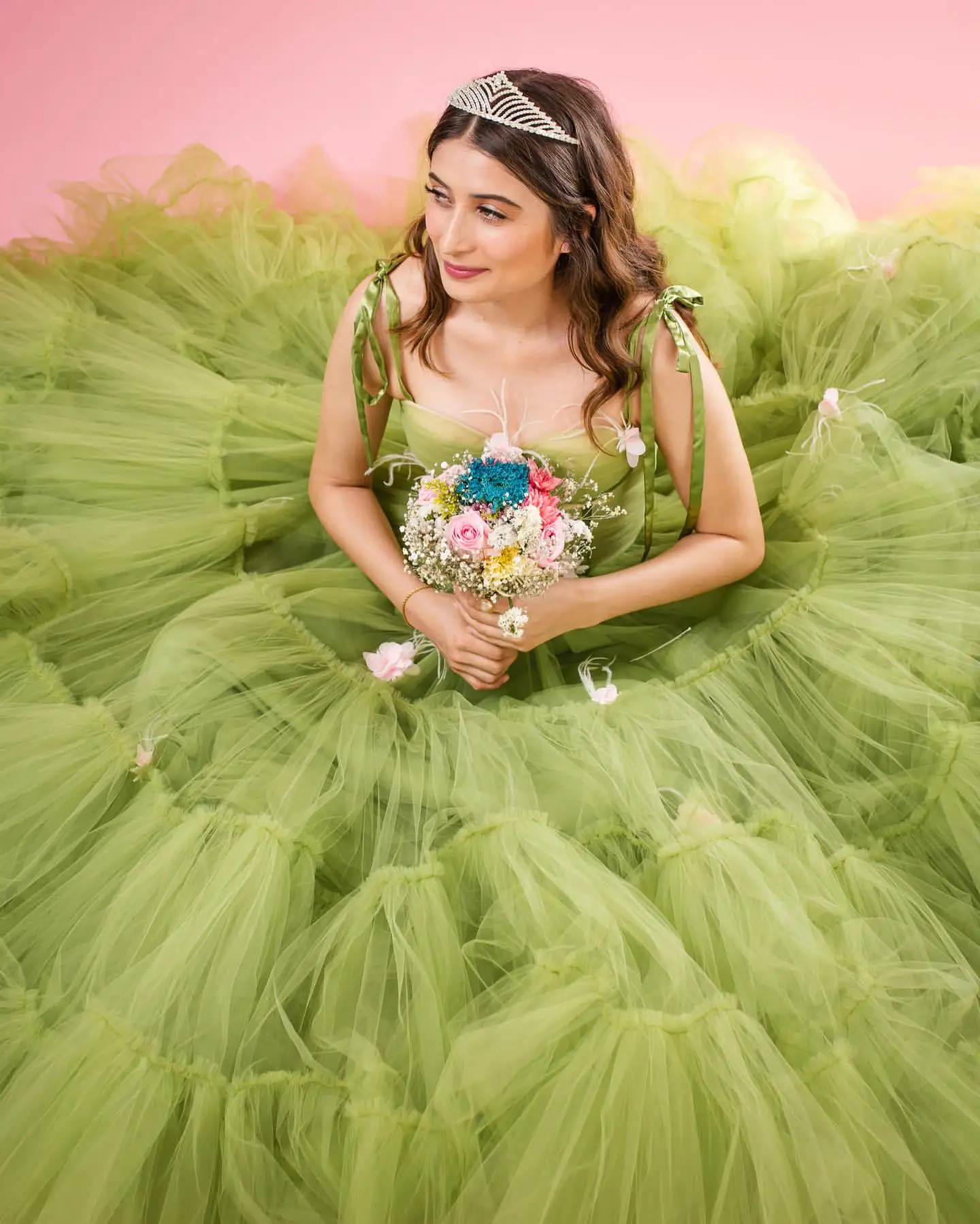 Vestidos largos de tul con flores hechas a mano para mujer, tutú largo, línea A, color verde, fresco, volumen