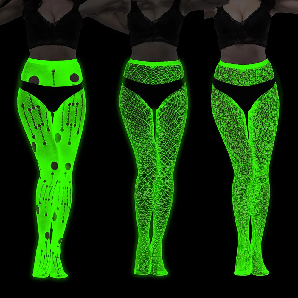 Collants Sexy ajourés bleu vert qui brillent dans la nuit pour femmes, collants Hipster à haute élasticité