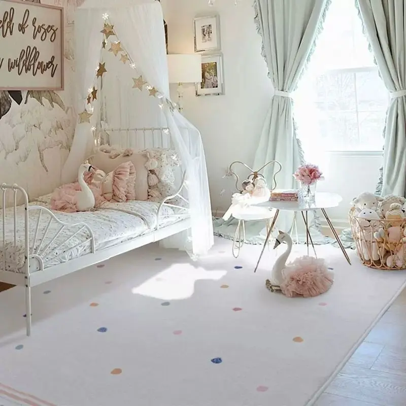 Dot Plush Bedroom Rug With Tasselsl White Fluffy Carpet For Living Room Hairy Nursery Play Mat For Children Soft White Foot Mat