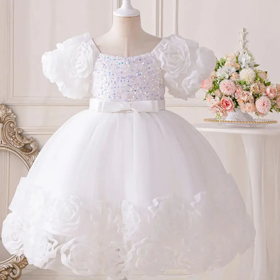 

Kids Girls Clothes Puff Sleeve Flower Princess Lace Dress Newborn For Formal Wedding Christening Birthday Banquet Gown 2 To 6Yrs