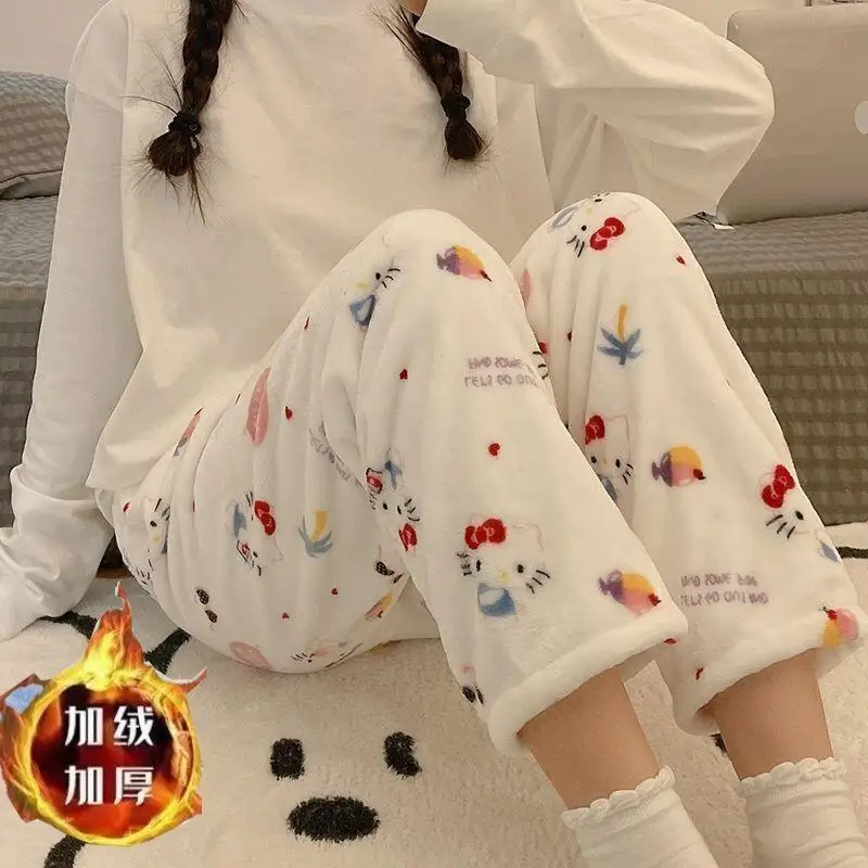 

Sanrio Hello Kitty утолщенная одежда для сна, женские фланелевые домашние брюки с добавлением флиса для осенней и зимней одежды, распродажа зимы,