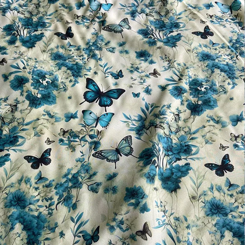 Blue Floral and Butterflies Printed Thin Silk Crepe de Chine Fabric for Summer Dress Pants Silk Tissue for DIY Sewing C001-5