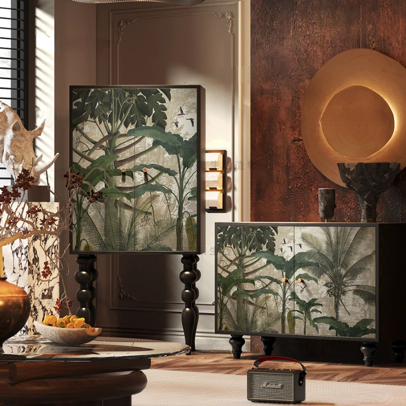 Jungle Style Living Room Entrance Cabinet Solid Wood Storage Cabinet Multi-Layer Locker Household Chest of Drawers